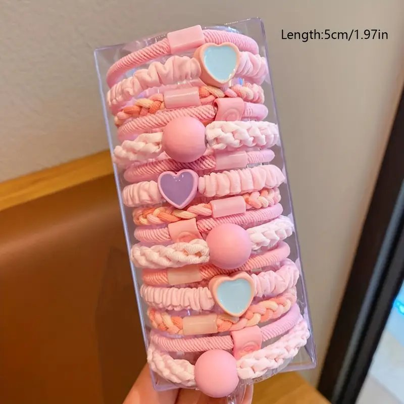 15pcs Cute Polyester Hair Ties with Colorful Braids & Heart Charms